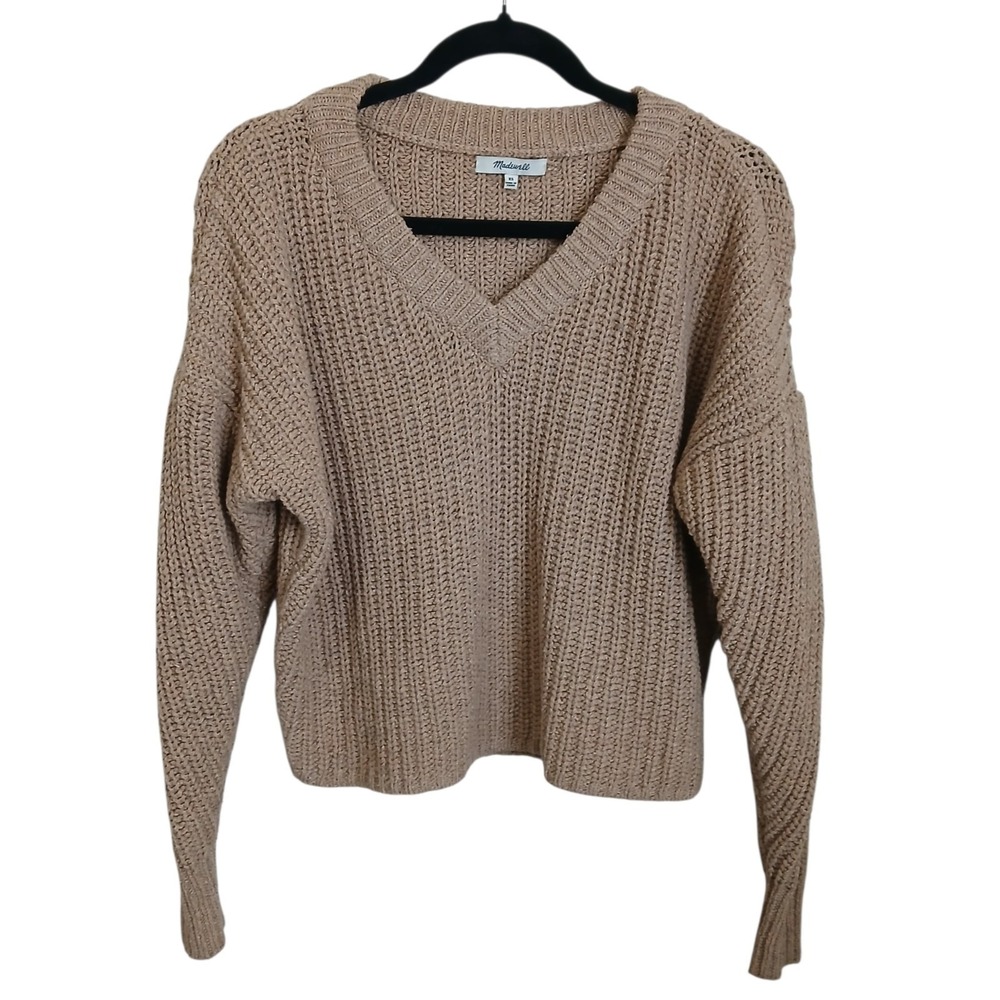 Madewell Chunky Beige Wool Silk Blend Knit Sweater Puff Sleeve VNeck Crop XS
